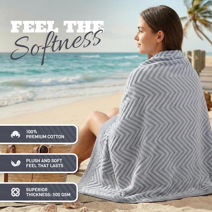 White Classic Cotton Beach Towels Oversized 35 x 70 Inches, Ultra Absorbent and Low Lint Luxury Pool Towels, Chevron Design, Light Gray, 2 Pack
