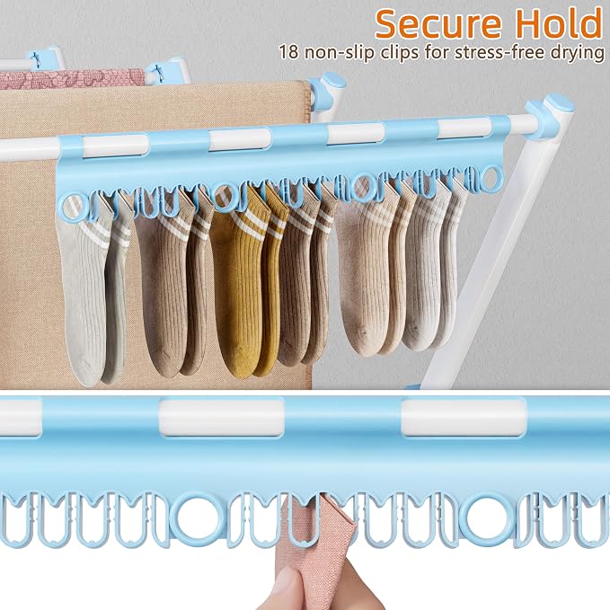 HOMIDEC Drying Rack Clothing,Large 12 Drying Poles with Sock Clips Clothes Drying Rack,Foldable Portable Laundry Drying Rack for Air Drying Clothing,Towels,Delicate Eac,Indoor Outdoor Use.White&Blue