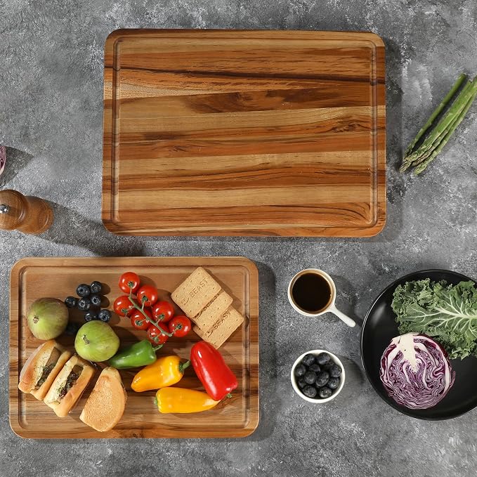 2 Pack Teak Cutting Board Wood Wooden Cutting Boards For Kitchen | Natural Non-toxic Teak Wood, Juice Groove Design, Slip Over Sink, Thoughtful Gift For Holiday Bridal Shower