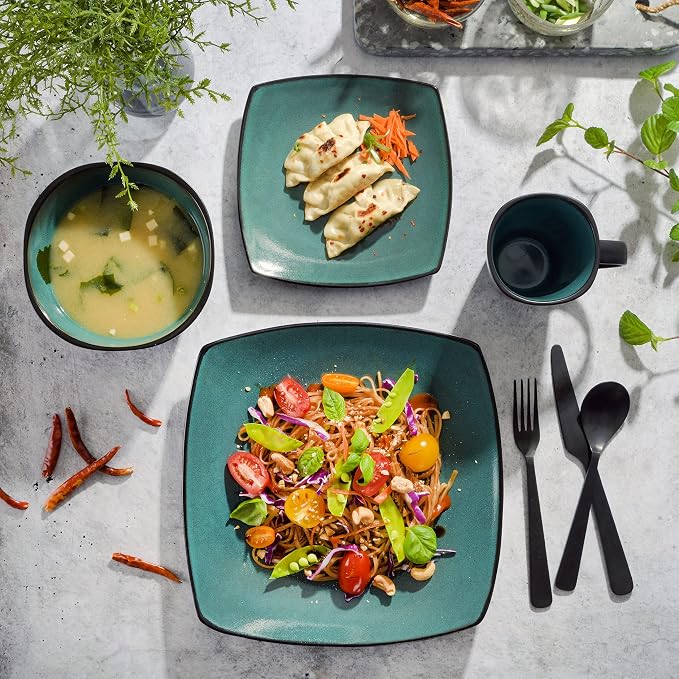 Gibson Elite Soho Lounge 16-Piece Reactive Glaze Dinnerware Set – Teal and Black Tutone Stoneware Plates and Bowls