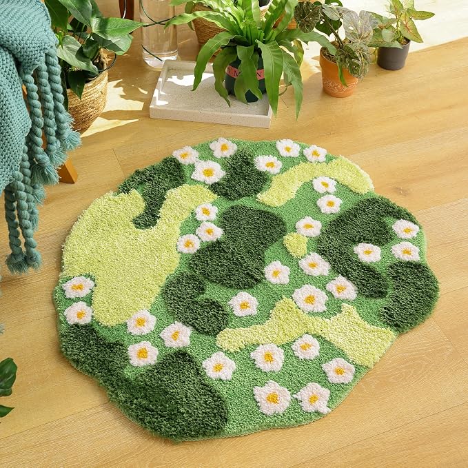 YIKUSH Moss Bath Mat Green Bathroom Rug with Small White Flowers Non Slip Door Mat for Bedroom and Kitchen Soft Washable Rug Floral Nature Bathtub Mat
