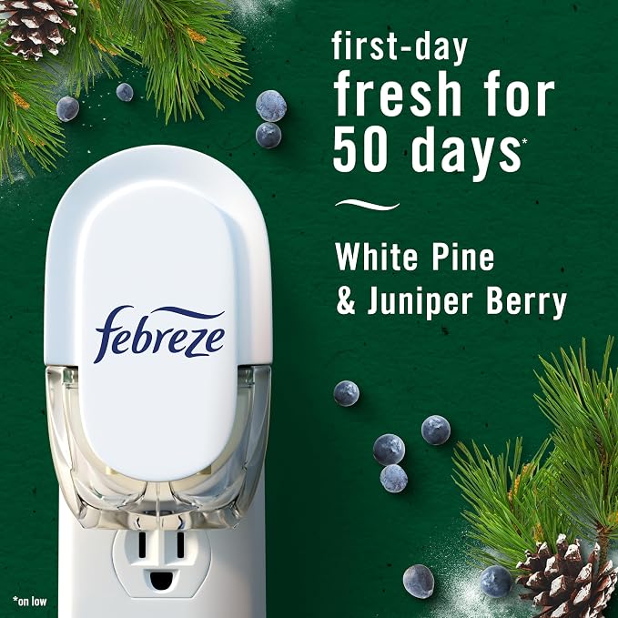 Febreze Plug in Air Freshener, Odor-Fighting Scented Oil Refill, for Home, Bathroom, & Kitchen, Long Lasting, Limited Edition Holiday Winter Pine and Juniper Berry Scent, 0.87oz Refills, 4 Count