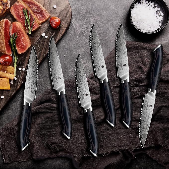 Steak Knives Set of 6, Powder Steel Steak Knife Set | Ultra Sharp 4.5 Inch Serrated Steak Knives with Ergonomic Pakkawood Handle Japanese Knives for Steak, Bread and Butter