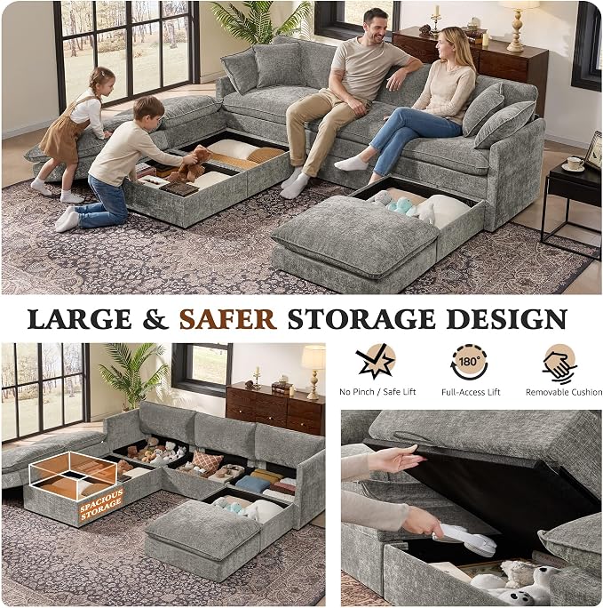 Ihanherry Oversized Sectional Sofa Bed with Storage, 103" 6-Seater Modular Cloud Couch with Movable Ottomans, Chenille Deep Seat Sleeper Couches for Living Room (Grey)
