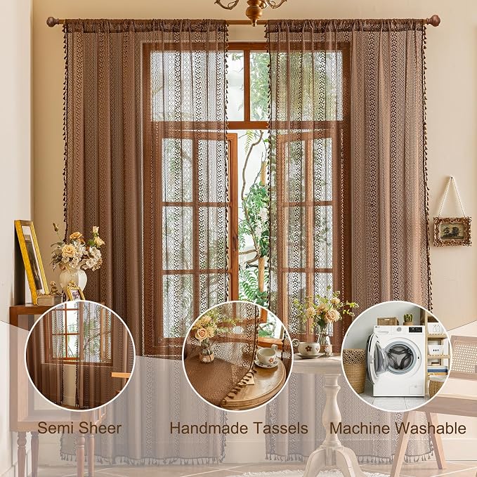 Sutuo Home Dark Coffee Boho Lace Curtains 108 inches Long for Bedroom Living Room, Caramel Sheer Window Curtains Bohemian Crochet Privacy Vintage Tassels Cottagecore Decor Rod Pocket,2 Panels 50" W