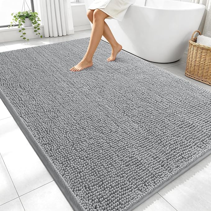 OLANLY Large Bathroom Rugs 70x46, Extra Soft Absorbent Chenille Bath Rugs, Rubber Backing Quick Dry, Machine Washable Bath Mats for Bathroom Floor, Tub and Shower, Home Decor Accessories, Light Grey