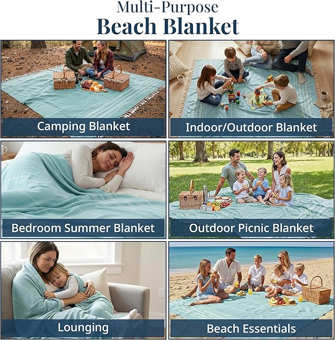 LANE LINEN Beach Blanket Sand Free, Picnic & Oversized Beach Towel - Aqua | Oversized Beach Towels, 82"x82" - Room For The Whole Family & Friends - Shakes Off Sand Easily- Roomy Family Size, Sand Free