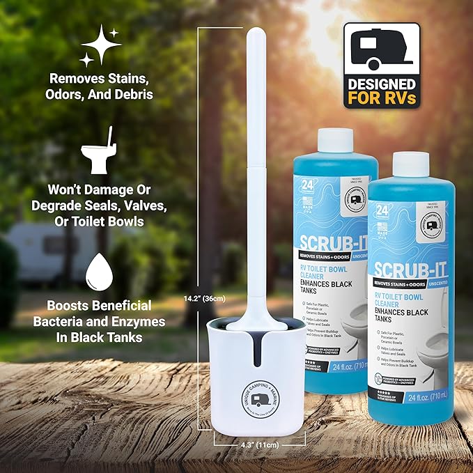 Unique RV Toilet Cleaner Bundle, Scrub-It Liquid 24 oz. (Pack of 2) and RV Toilet Brush, Value Pack