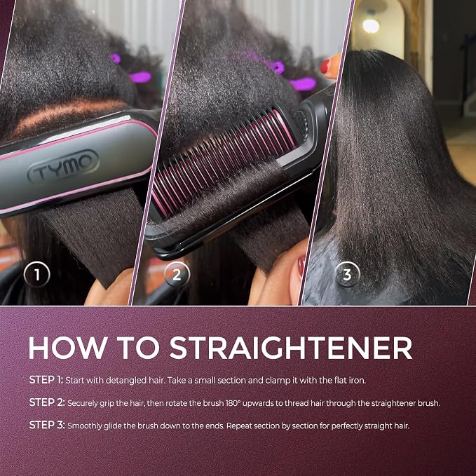 TYMO Flat Iron Hair Straightener Brush 2 in 1, 200M Ions Hair Straighteners for Women, Ceramic Straightening Hot Comb for Anti-Frizz Straights, Waves, Curl, 3X Less Heat Damage, Dual Voltage,Rose Gold