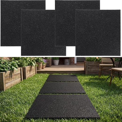 Nuanchu 4 Pcs 12 x 12 Inch Rubber Stepping Stones Outdoor Garden Walkway Non-Slip Durable Pavers for Patio, Pathway, Landscaping, Weatherproof Stepping Stones for Easy Installation (Square,Black)