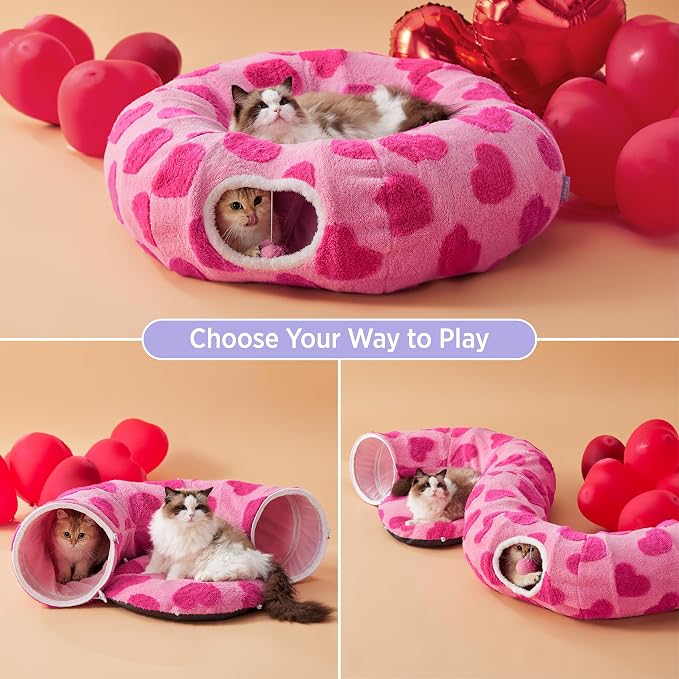 Lesure Cat Tunnel Bed for Indoor Cats - Cute Cat Donut Tunnel Toys with Washable Circle Cushion, Valentine's Day Gifts for Cats, Round Pet Peekaboo Cave Toy for Kitten, Standard Lover Hearts