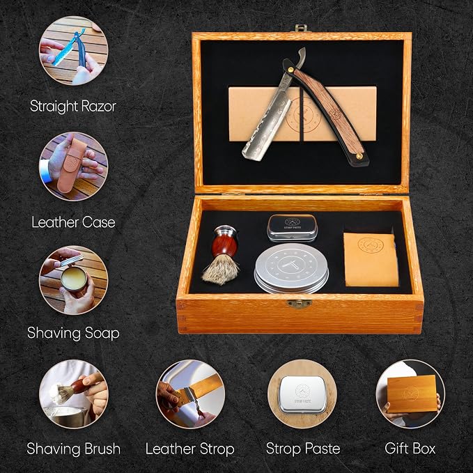 Naked Armor Drian Straight Razor Kit, Men’s Damascus Steel Shaving Set | 7-Pc Shave Ready Wet Shaving Kit, 7/8" Barber Straight Edge Razor Set, Strop, Paste, Brush, Soap, Sheath, Box, Gifts for Men