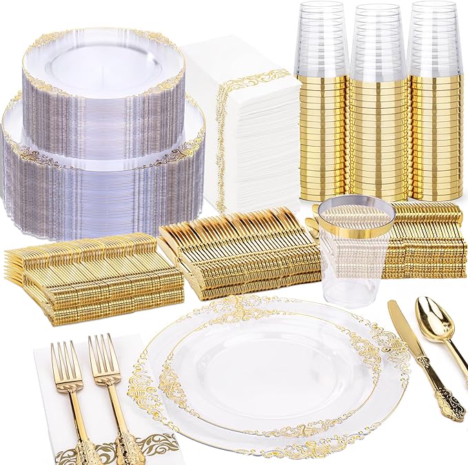 Nervure 350PCS Clear Gold Plastic Plates - Gold Plastic Dinnerware Sets for 50 Guests - 100 Disposable Plates, 150 Silverware, 50 Cups, 50 Napkins for Wedding & Party