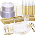 Nervure 350PCS Clear Gold Plastic Plates - Gold Plastic Dinnerware Sets for 50 Guests - 100 Disposable Plates, 150 Silverware, 50 Cups, 50 Napkins for Wedding & Party