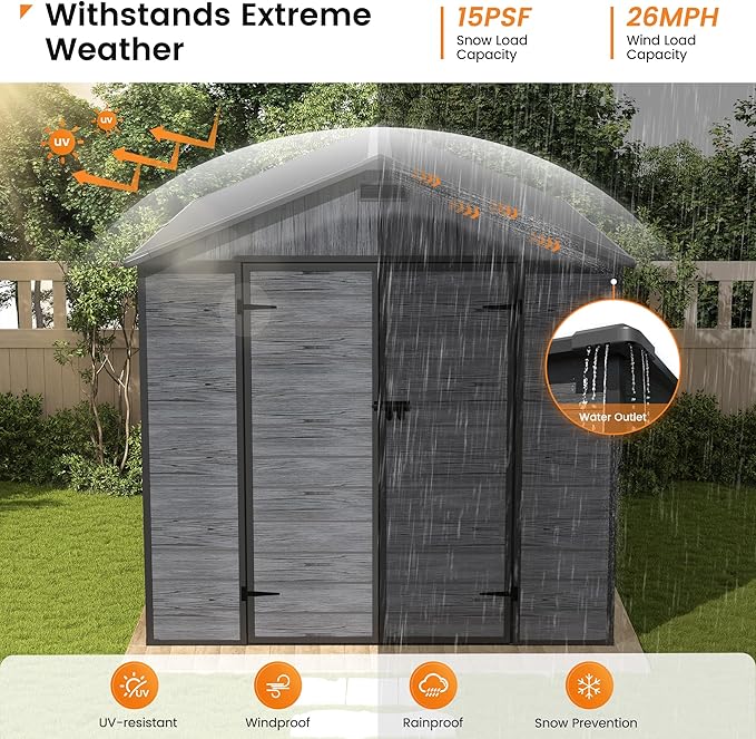 UDPATIO Outdoor Resin Storage Shed 8 x 10 FT, Plastic Storage Shed with Floor Large Outdoors Garden Tool Storage Shed Outside Clearance Shed with Lockable Door for Bike, Backyard, Patio, Dark Grey