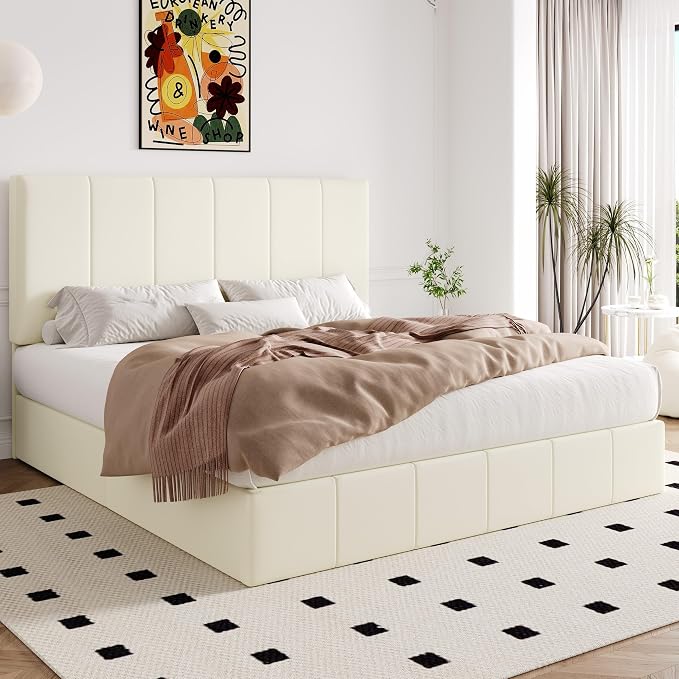 Allewie King Size Velvet Lift Up Hydrualic Storage Bed Frame, Cream | Vertical Channel Tufted Headboard, Hydrualic Underneath Storage, Upholstered Platform Bed, No Box Spring Needed