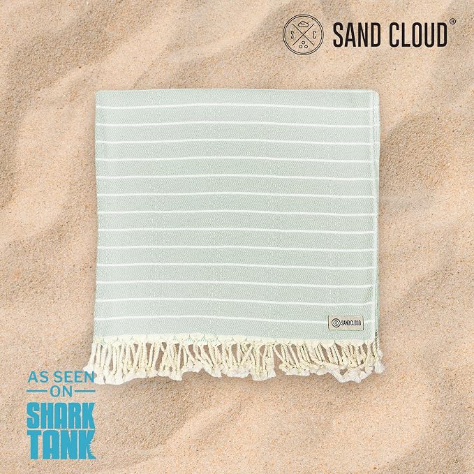 Sand Cloud Turkish Beach Towel - 100% Certified Organic Turkish Towel - Quick Dry Towel for Beach, Picnic, Blanket or Bath Towel - As Seen on Shark Tank - Gocek (Sage Green) (Pack of 2)