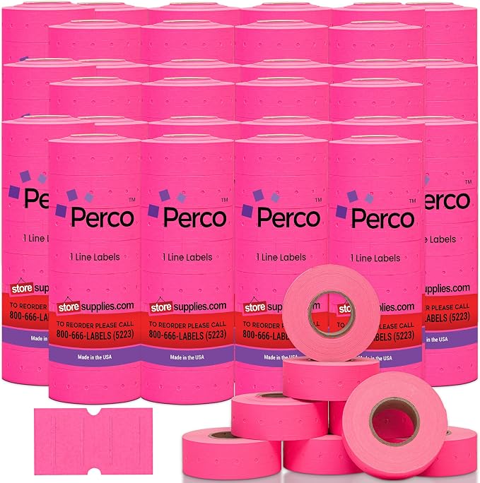 Perco 1 Line Fluorescent Pink Labels - 240,000 Blank Pricing Labels for Perco Lite, X, Plus and Pro 1 Line Price and Date Guns - 240 Rolls, Case of 30 Sleeves - Made in USA