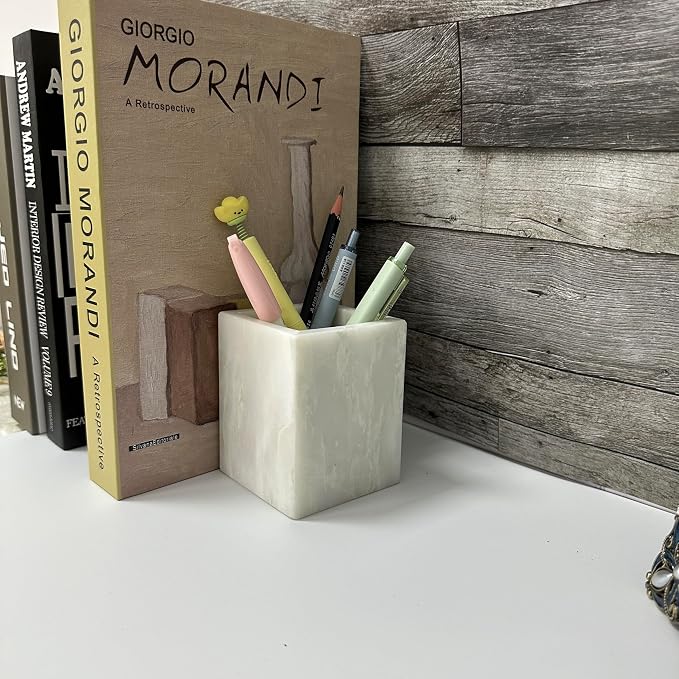 Natural Marble Pen Holder, 2.95" x 3.74" Square Hand-Polished Desk Pencil Cup, Multi-Functional Marble Organizer for Makeup Brushes, Kitchen Utensils, Office, Bathroom, Home Decor