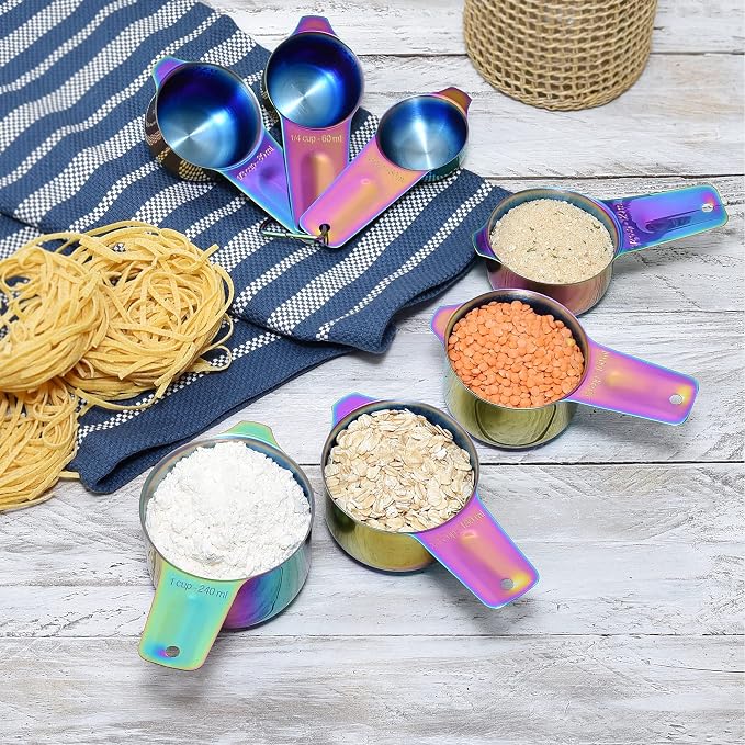 Kich 14 Piece Iridescent Rainbow Stainless Steel Measuring Cups and Spoons Set Magnetic Metal Kitchen Conversion Chart Included Large Small and Mini Scoop Cute Colorful Design