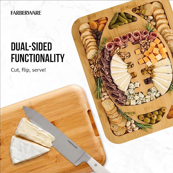Farberware Build-A-Board Football Bamboo Charcuterie Board with Clear Locking Lid, Reversible Cutting & Serving Board, Recessed Handles, Portable Game Day Snack Tray, 11 x 14 Inch, Make It, Take It