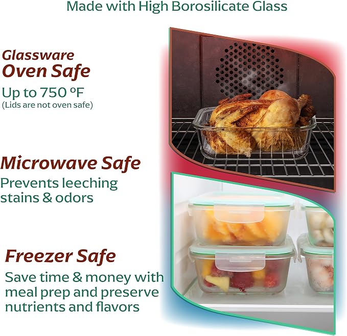8 Pack 35 oz Glass Containers - Airtight, Microwave, Oven | Borosilicate, 1040 ml Capacity, Snap Lock Lids, Leakproof, Oven Safe 752 F, Freezer Safe, Microwave Safe, Dishwasher Safe