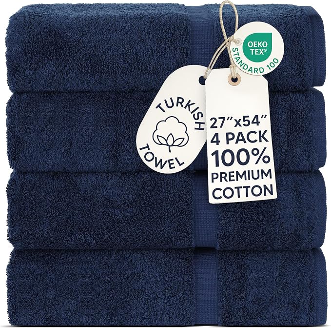Chakir Turkish Linens 4 Piece Bath Towel Set, 100% Cotton Luxury Turkish Towels for Bathroom, Soft Absorbent Bath Towels, 27 x 54 Inches, Navy