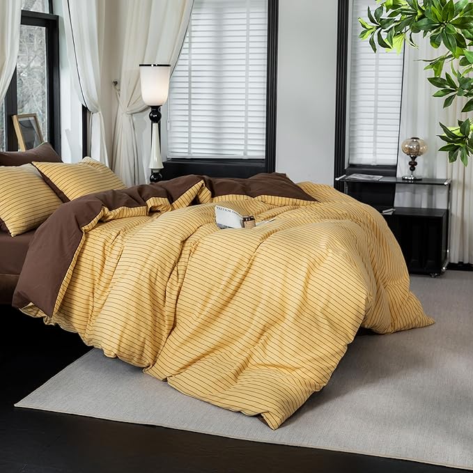 Reversible Duvet Cover Set 100% Washed Cotton Yellow Stripe Linen Feel Duvet Cover Queen Size with Zipper Closure & 2 Pillow Shams, Yellow/Brown Stripe Reverse Solid Brown
