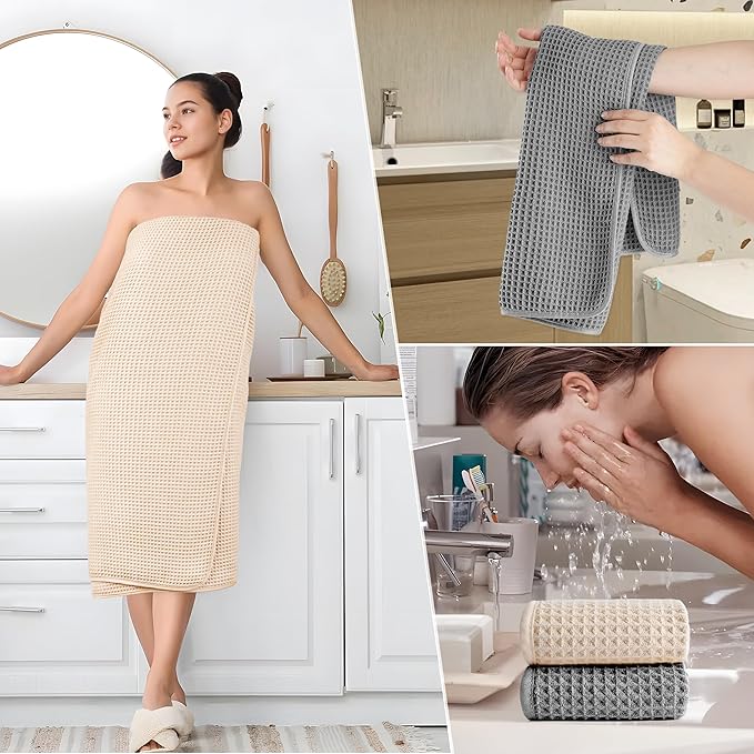 POLYTE 430 GSM Microfiber Quick Dry Lint Free Oversize Bath Towel Set, 6 Piece (Waffle Weave)