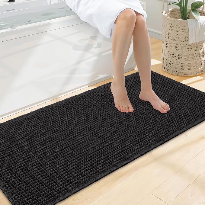 Smiry Waffle Bath Mat 47x20, Extra Soft Absorbent Bathroom Rugs, Non Slip Machine Washable Quick Dry Bath Rugs for Bathroom Floor, Tub, Shower, Home Decor Accessories, Black