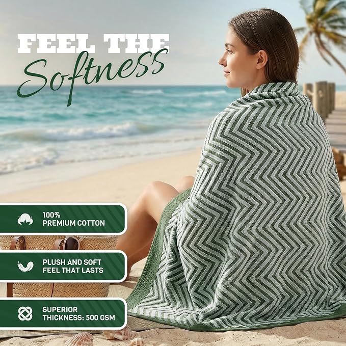 White Classic Cotton Beach Towels Oversized 35 x 70 Inches, Ultra Absorbent and Low Lint Luxury Pool Towels, Chevron Design, Khaki Green, 2 Pack