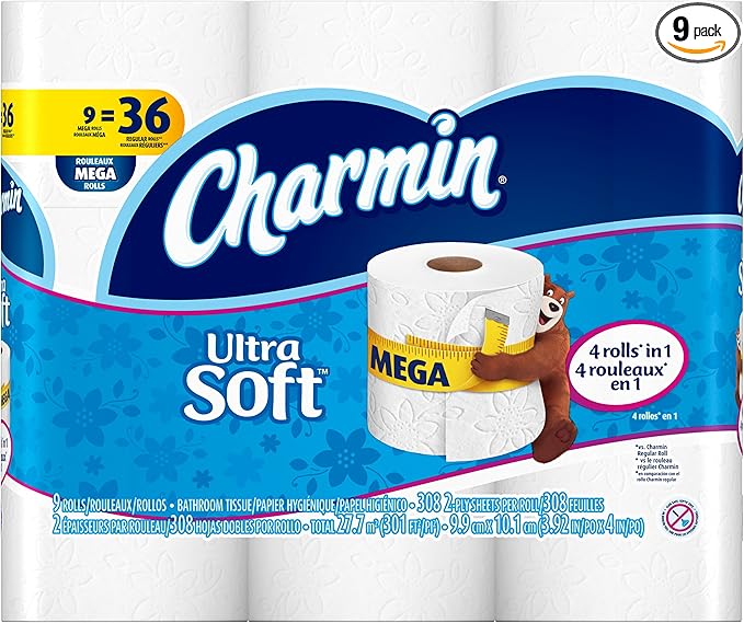 Charmin Ultra Soft Toilet Paper, Bath Tissue, Mega Roll, 9 Count of 308 2-Ply Sheets Per Roll