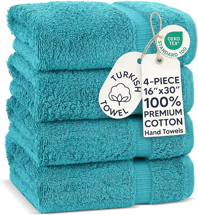 Chakir Turkish Linens 4 Piece Hand Towels, 100% Cotton Turkish Towels for Bathroom, Luxury Soft Absorbent Hand Towel Set, 16 x 30 Inches, Aqua