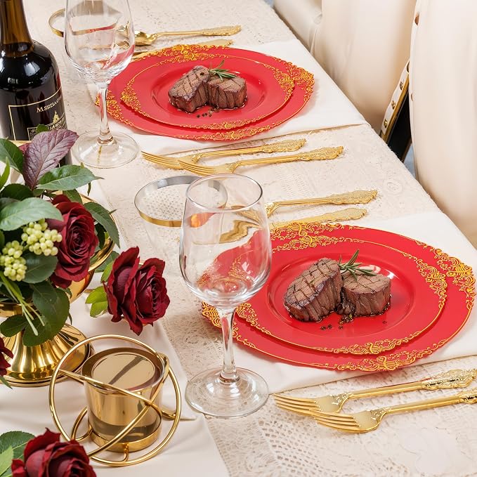 Nervure 350PCS Red Plastic Plates - Red Gold Plastic Dinnerware Sets for 50 Guests - 100 Gold Disposable Plates, 50 Pre Rolled Silverware Sets, 50 Cups Perfect for Wedding & Party