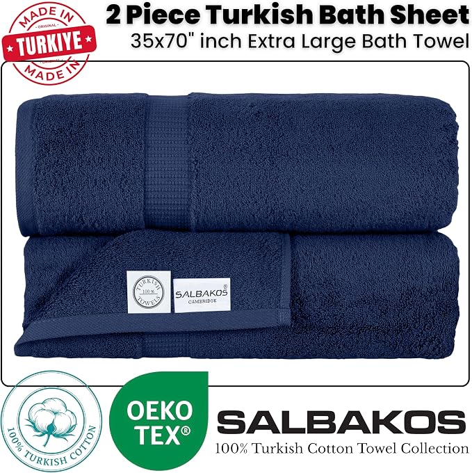 SALBAKOS 2-Piece 100% Turkish Cotton Bath Towels, Extra Large 35x70, Navy | Oversized Bath Sheet Towel for Bathroom & Beach, Thick, Super Soft, Highly Absorbent, Premium Hotel Quality, Made in Turkey