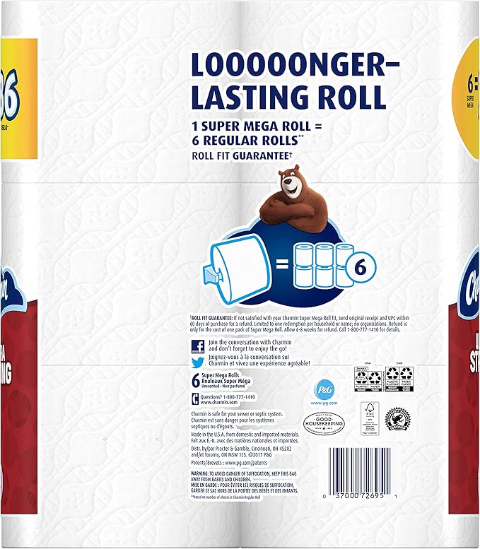 Charmin Ultra Strong Toilet Paper Super Mega Rolls, 6 Count