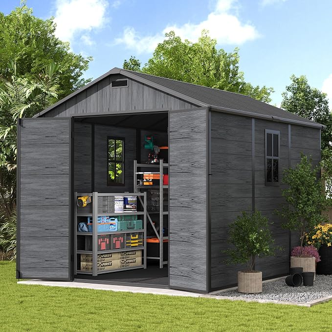 UDPATIO Outdoor Resin Storage Shed 8 x 10 FT, Plastic Storage Shed with Floor Large Outdoors Garden Tool Storage Shed Outside Clearance Shed with Lockable Door for Bike, Backyard, Patio, Dark Grey