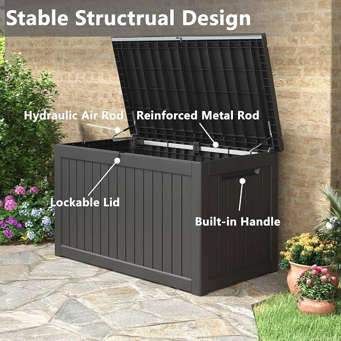 280 Gallon Outdoor Storage Box, Resin Deck Boxes Indoor and outdoor, Waterproof Storage Box Lockable Lid for Garden Tools, Package Delivery, Patio Cushions, Black