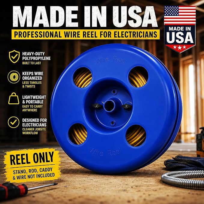 NM-B Blue Wire Dispenser for 125-250 FT Wire Coils, Portable Electrical Wire Organizer, Heavy-Duty Polypropylene Cable Reel, Made in USA, 16" OD x 15" ID Wire Reel for Electricians & Contractors
