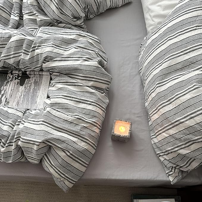 mixinni Vintage Gray & White Striped Duvet Cover Set - 3 Piece 100% Washed Cotton Queen Size Bedding | Minimalist Gender-Neutral Design | Ultra-Soft Breathable, with Zipper Closure & Corner Ties