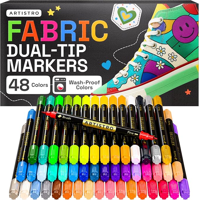 ARTISTRO 48 Dual-Tip Fabric Markers Decorating Kit, Permanent for Clothes | Brush & Fine Tip, Acrylic Paint Pens for Sneakers, Bags, Shoes, Textiles, Canvas, Sewing, Craft, & DIY