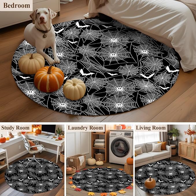 3 Ft Round Rug for Play Room, Halloween Indoor Accent Rugs for Living Room, Black Scary White Bat Animal Net Geometric Decorative Circle Carpet Washable Low Pile Non Slip, Soft Rug for Bedroom/Office