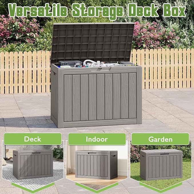 50 Gallon Outdoor Storage Box, All-Weather Resin Deck Box Outdoor Waterproof with Lockable Lid for Patio Cushions, Package Deliveries, Garden Tools, Pool Supplies, Grey