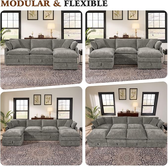 Ihanherry 135” Modular Sectional Sofa with Storage, U Shaped Cloud Couch with Movable Ottomans & 4 Pillows, Chenille Deep Seat Sectional Couches for Living Room, Apartment (Grey)