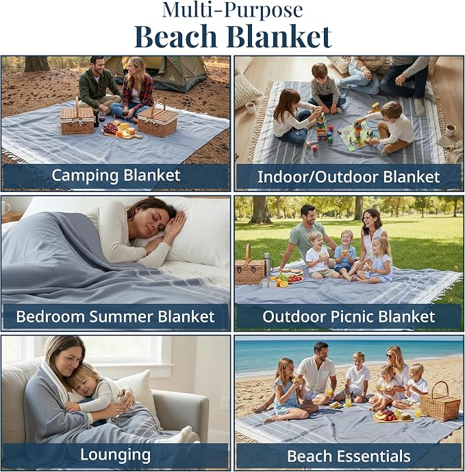 LANE LINEN Beach Blanket Sand Free, Soft & Large Beach Towel - Navy Blazer | Oversized Beach Mat, 82"x82" - For Sand, Grass, Gravel & Poolside - Folds Compact, Easy To Carry - Roomy Family Size