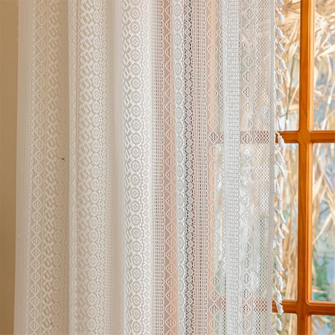 Sutuo Home White Boho Lace Curtains 96 inches Long for Living Room Dining Room, Vintage Tassels Semi Sheer Curtains Farmhouse Privacy Cream Rustic Victorian Style Rod Pocket Decor, 2 Panels 50" W