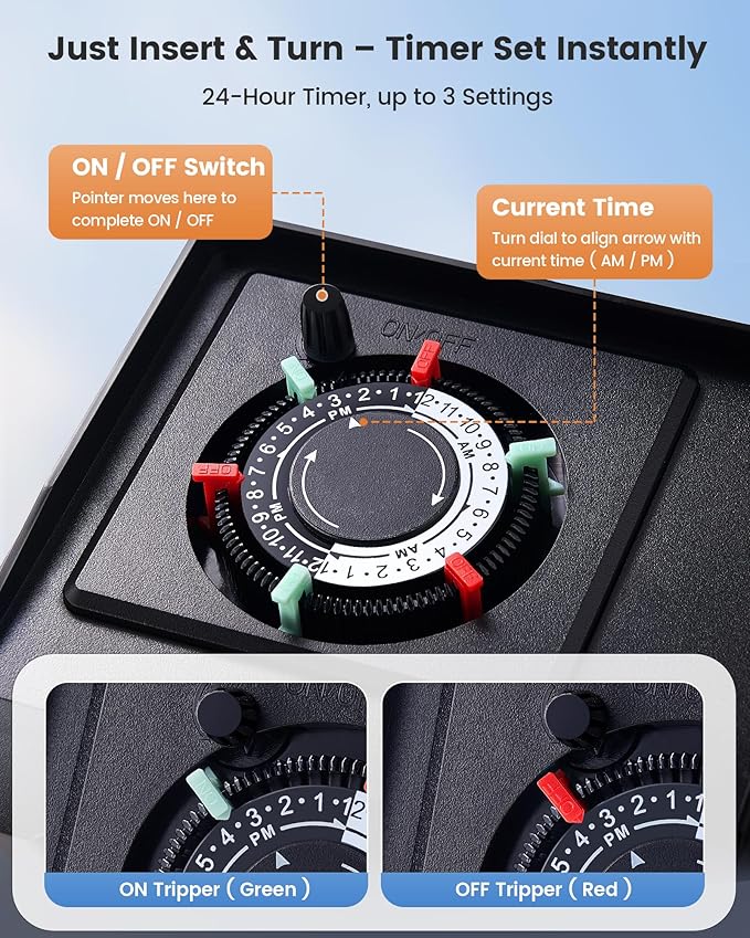 SURAIELEC Mechanical Pool Timer for Above Ground Pools, NEMA L5-20R Twist-Lock Plug-in Pool Timer, 20A 125V 1HP, Up to 3 Daily Settings, Weatherproof Cover, for Pumps, Heaters, Fountains and Lighting