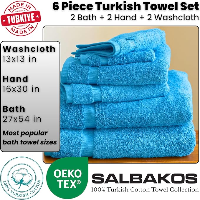 SALBAKOS 100% Turkish Cotton Bathroom Towel Set of 6-Piece, Aqua | 630 Gsm Thick Super Soft Highly Absorbent 2 Bath + 2 Hand + 2 Washcloth Towels Sets, Giftable, Hotel Quality, Made in Turkey