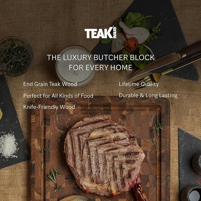Teakhaus Butcher Block Carving Board - Medium Thick Cutting Board with Juice Groove - Holiday Gift Ideas for Men and Women - Gift-Ready End Grain Wood, Knife Friendly - FSC Certified