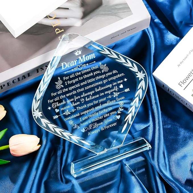 Movdyka Gifts for Mom, Crystal Engraved Keepsakes Plaque, Mom Gifts from Daughter Son Best Birthday Gifts for Mom Mothers Day Valentines Gifts for My Mom Christmas Anniversary Presents for Mother